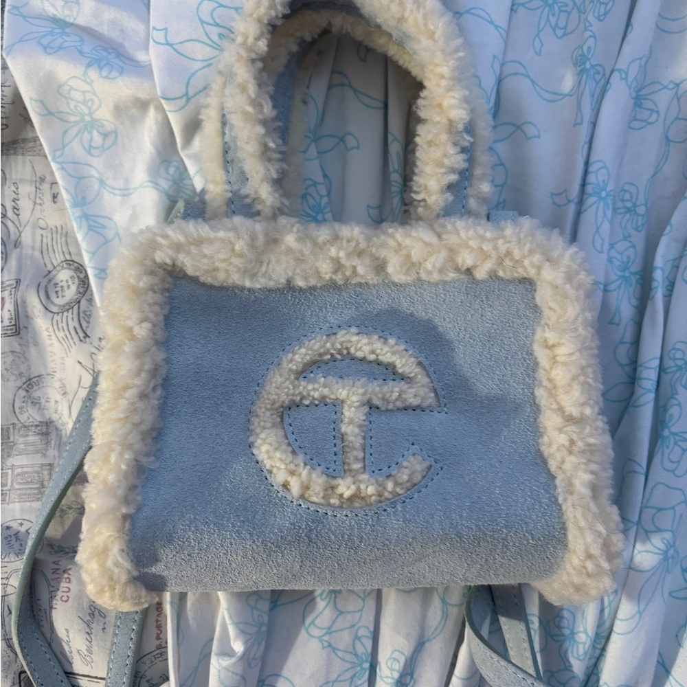 Blue and Cream Shearling Tote Bag